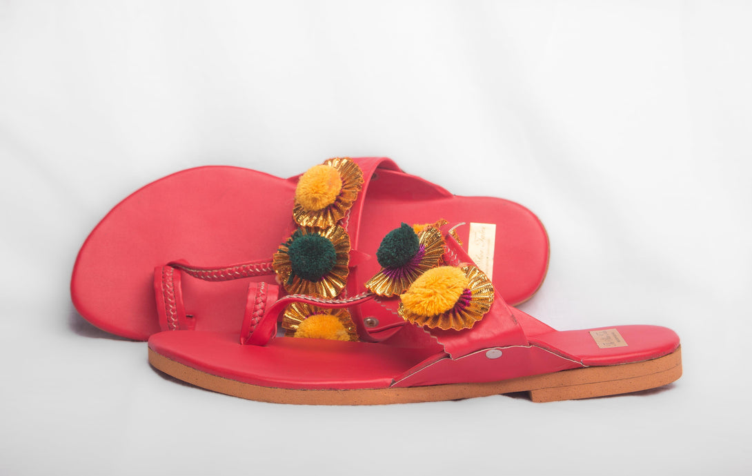 Women's Red Kolhapuris With Pompoms - The Shoe Tales - Indiakreations