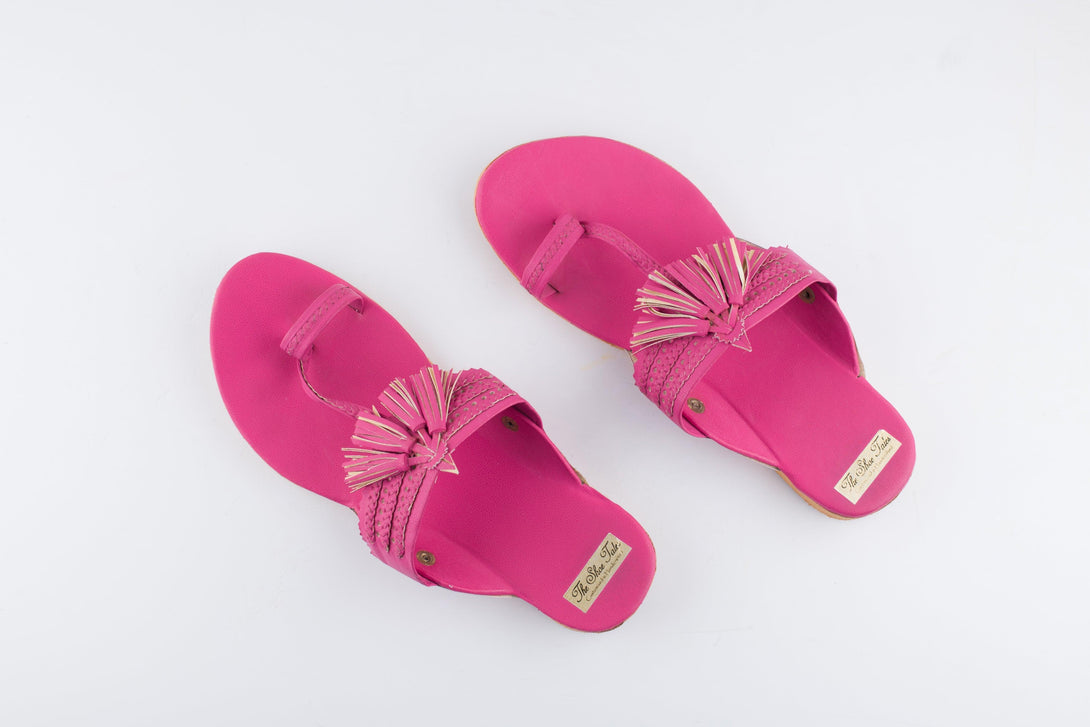 Women's Fuschia Pink Kolhapuris With Tassels - The Shoe Tales - Indiakreations