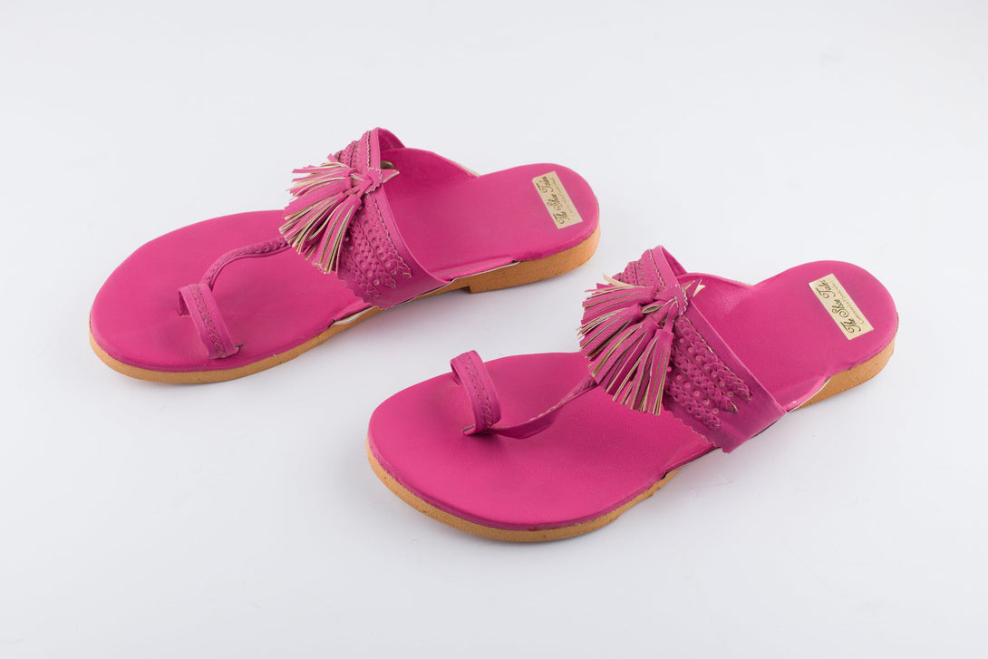 Women's Fuschia Pink Kolhapuris With Tassels - The Shoe Tales - Indiakreations