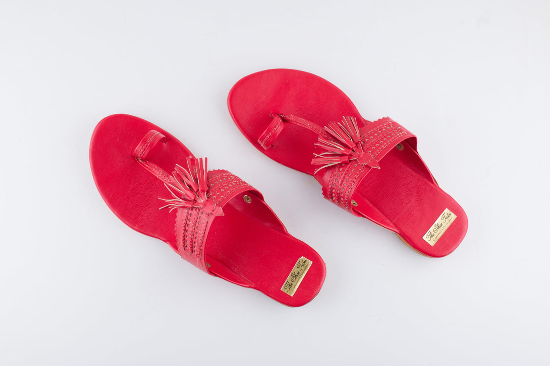 Women's Red Kolhapuris With Tassels - The Shoe Tales - Indiakreations