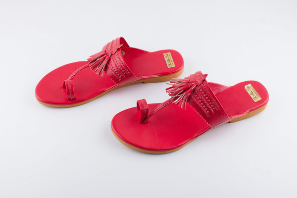 Women's Red Kolhapuris With Tassels - The Shoe Tales - Indiakreations