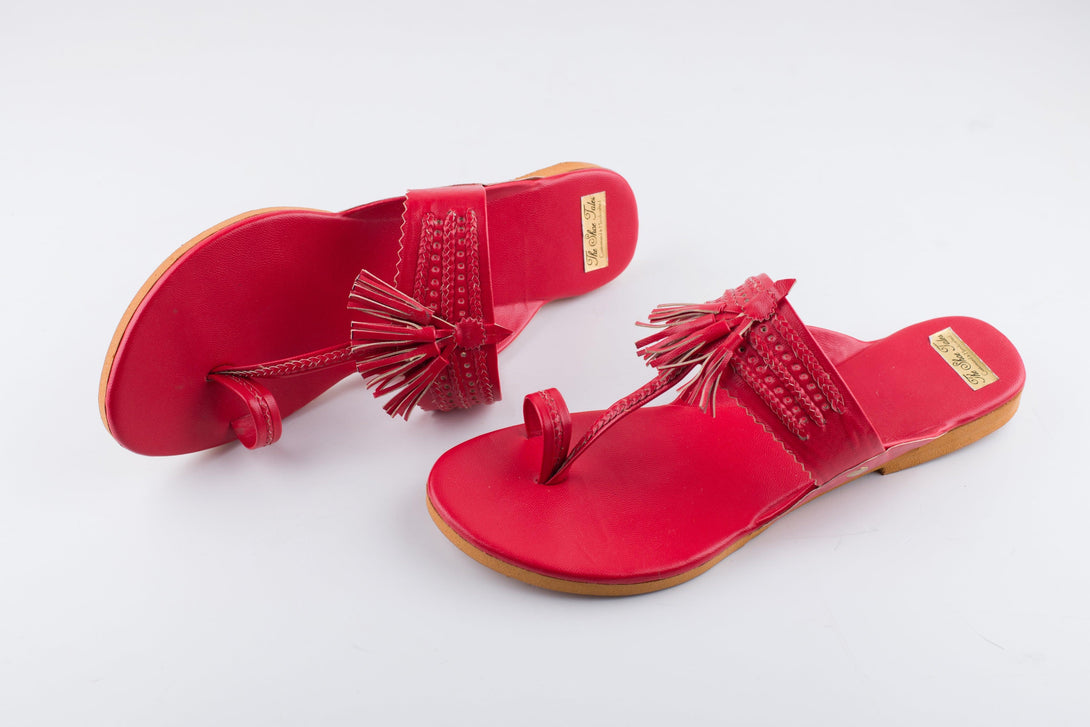 Women's Red Kolhapuris With Tassels - The Shoe Tales - Indiakreations