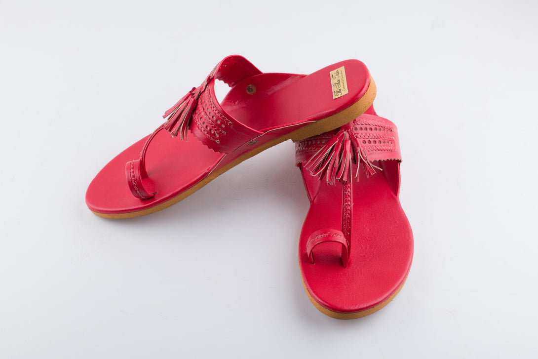 Women's Red Kolhapuris With Tassels - The Shoe Tales - Indiakreations