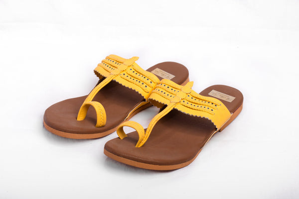 Women's Brown & Yellow Kolhapuris - The Shoe Tales - Indiakreations