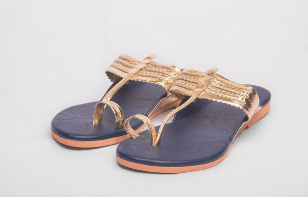 Women's Navy Blue And Golden Kolhapuris - The Shoe Tales - Indiakreations