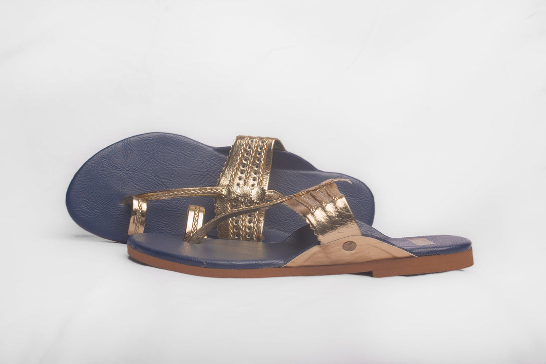 Women's Navy Blue And Golden Kolhapuris - The Shoe Tales - Indiakreations