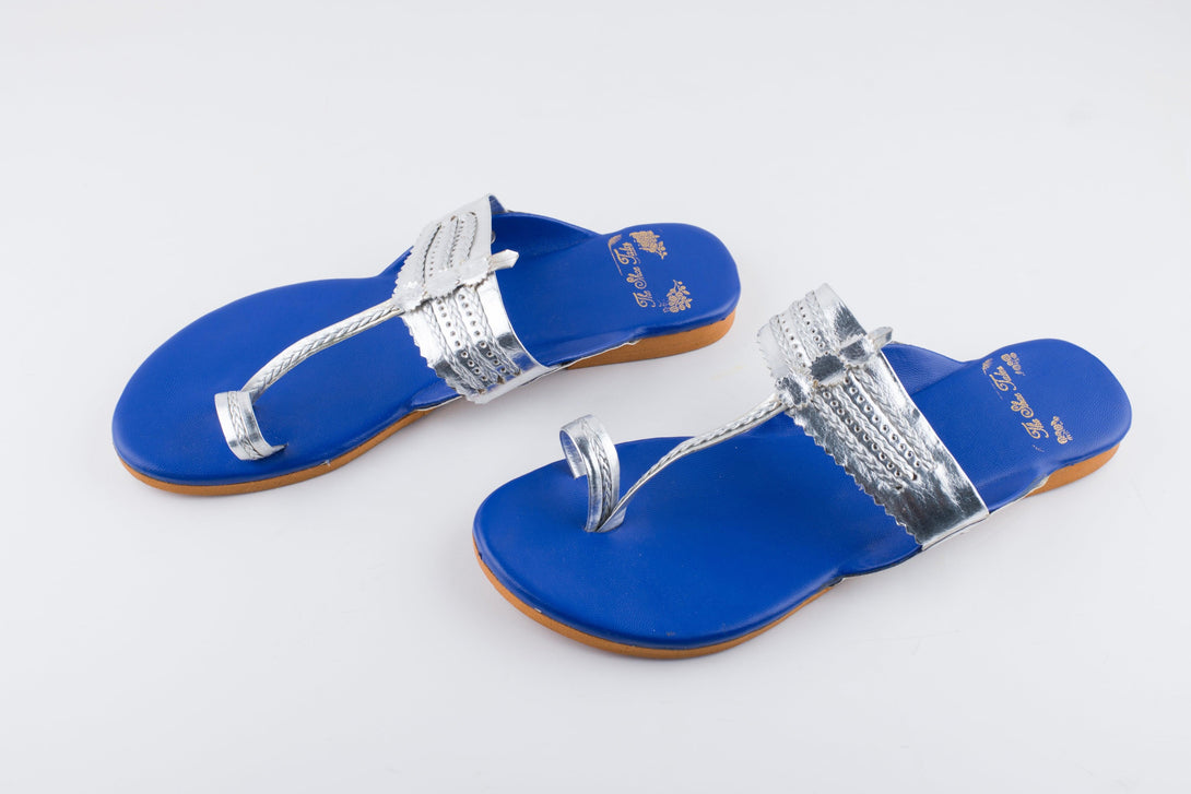 Women's Navy Blue And Silver Kolhapuris - The Shoe Tales - Indiakreations