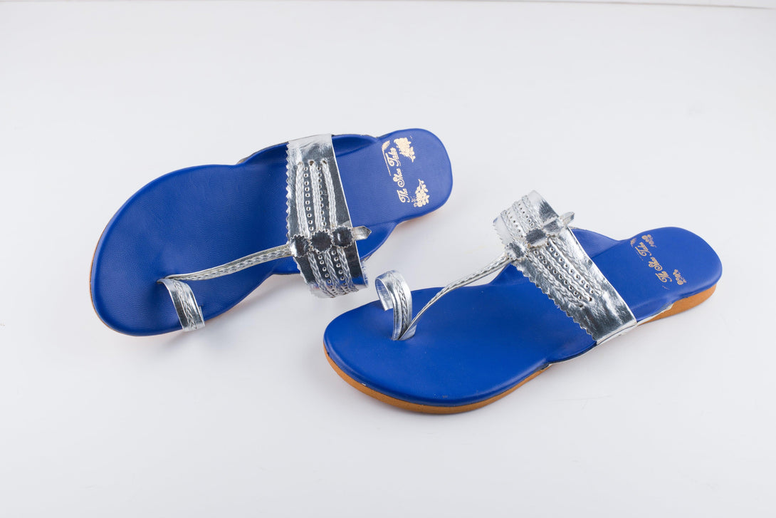 Women's Navy Blue And Silver Kolhapuris - The Shoe Tales - Indiakreations