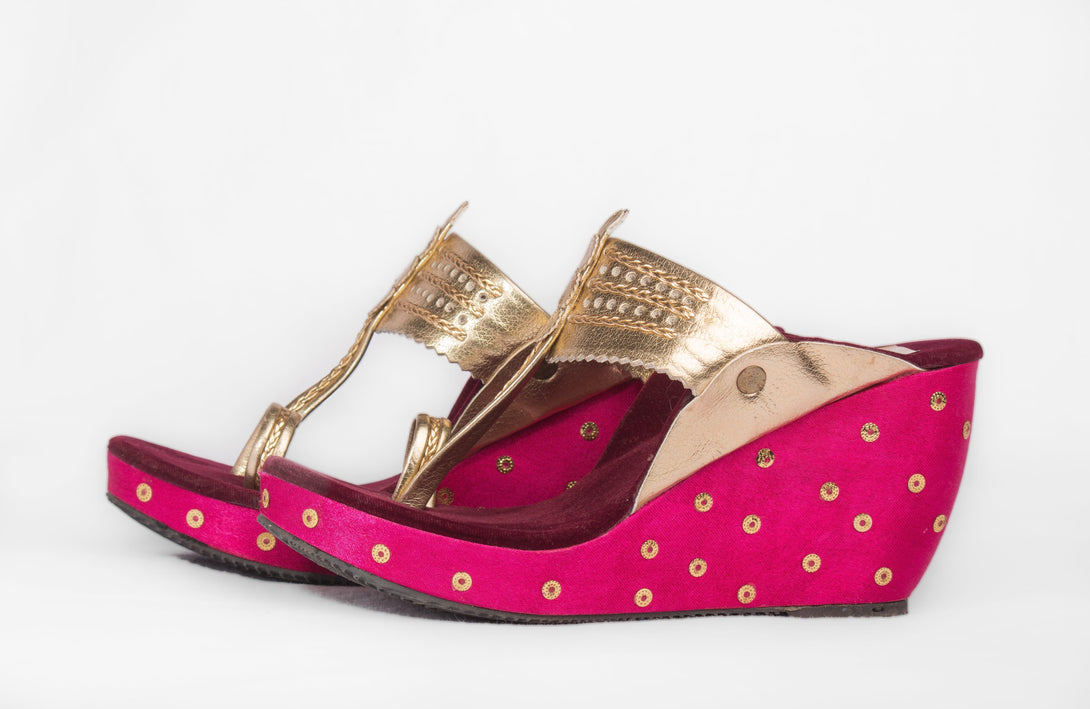 Women's Pink & Golden  Kolhapuri Wedges - The Shoe Tales - Indiakreations