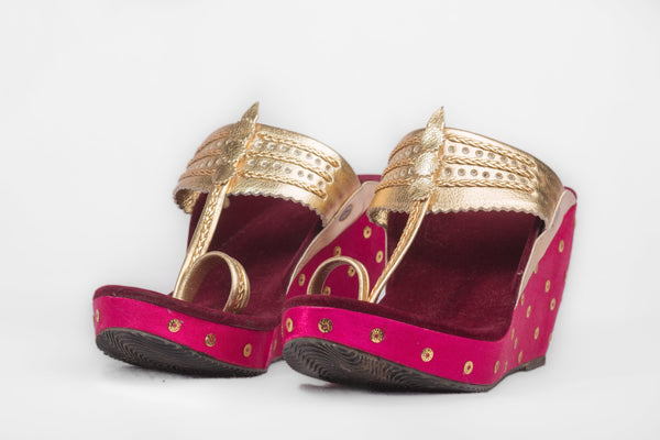 Women's Pink & Golden  Kolhapuri Wedges - The Shoe Tales - Indiakreations