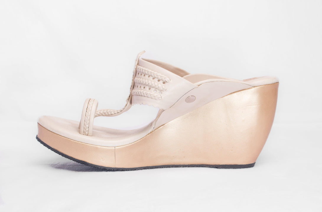 Women's Beige & Golden Kolhapuri Wedges - The Shoe Tales - Indiakreations