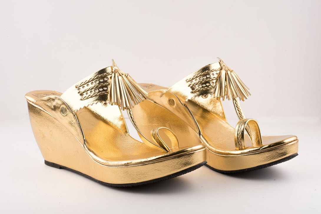 Women's Golden Kolhapuri Wedges - The Shoe Tales - Indiakreations