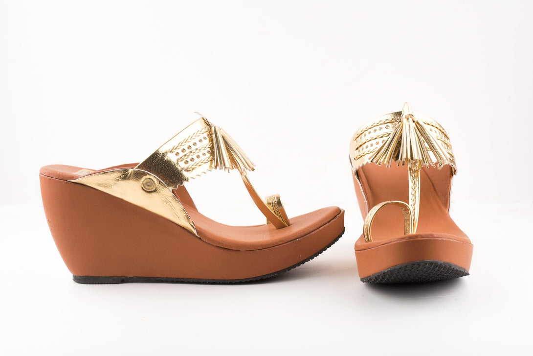 Women's Tan-Golden Kolhapuri Wedges - The Shoe Tales - Indiakreations