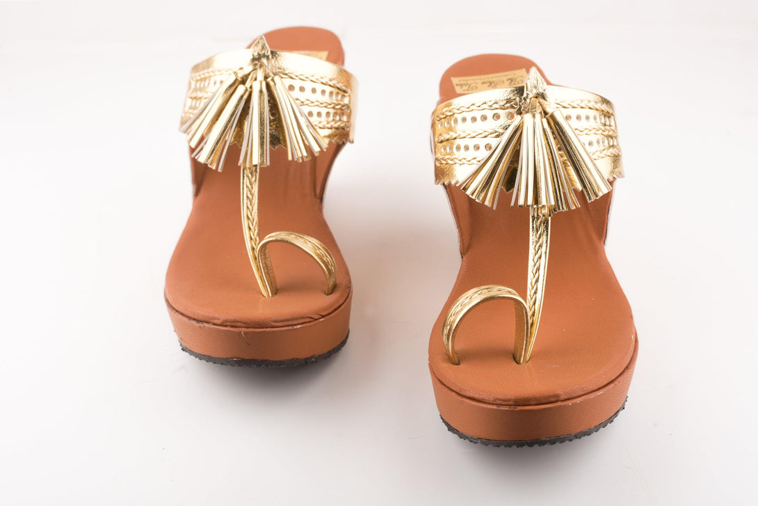 Women's Tan-Golden Kolhapuri Wedges - The Shoe Tales - Indiakreations