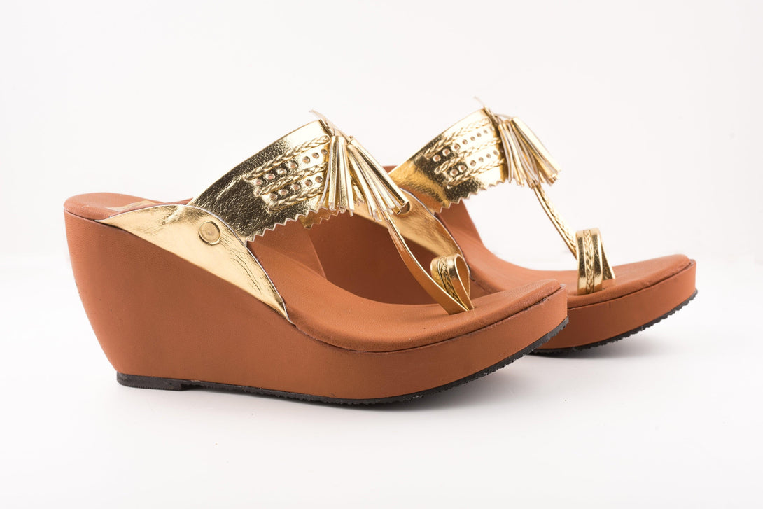 Women's Tan-Golden Kolhapuri Wedges - The Shoe Tales - Indiakreations