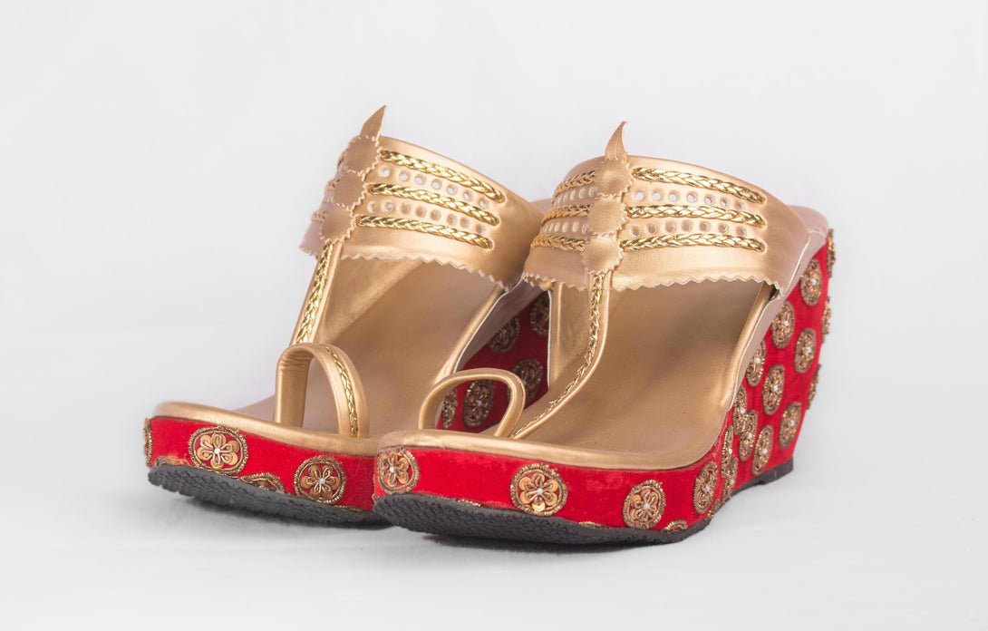 Women's Red & Golden Embroidered  Kolhapuri Wedges - The Shoe Tales - Indiakreations