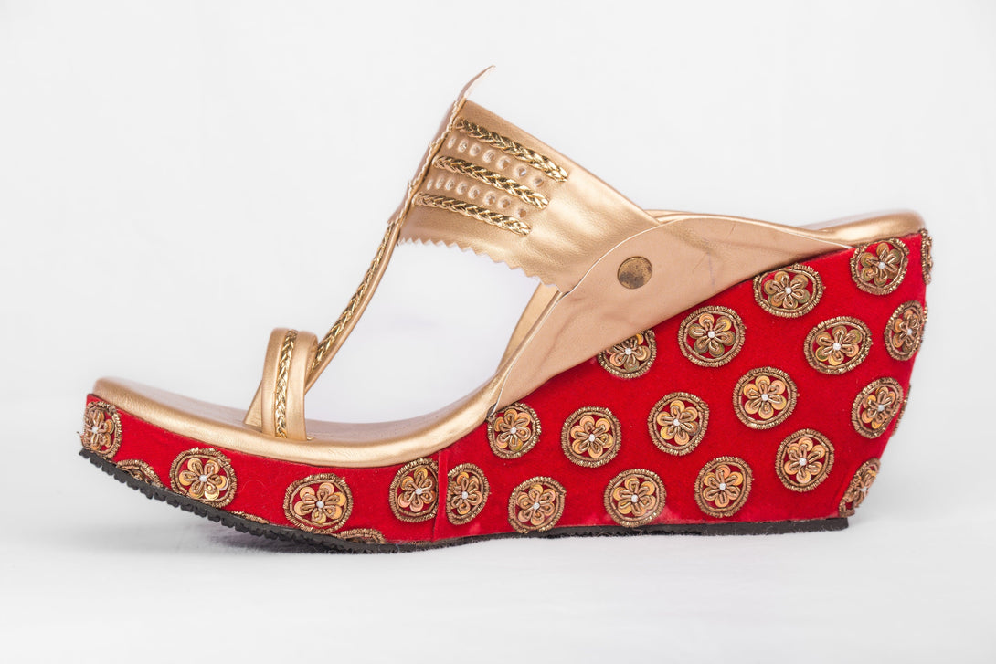 Women's Red & Golden Embroidered  Kolhapuri Wedges - The Shoe Tales - Indiakreations