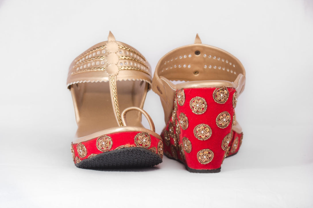 Women's Red & Golden Embroidered  Kolhapuri Wedges - The Shoe Tales - Indiakreations