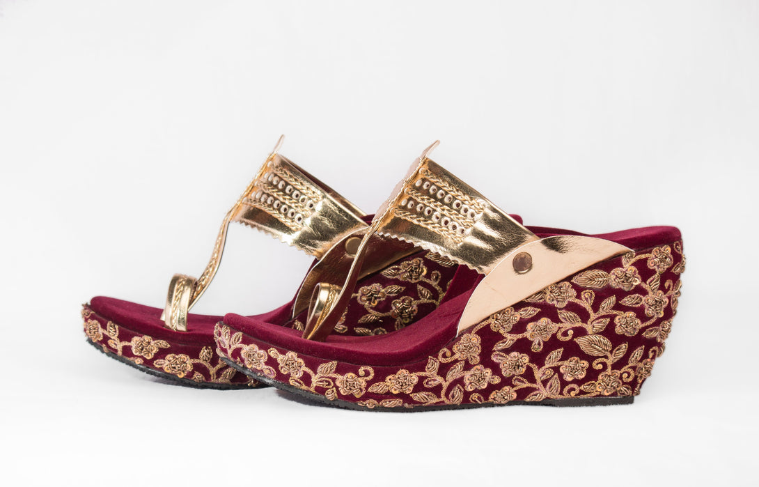 Women's Moroon & Golden Embroidered Kolhapuri Wedges - The Shoe Tales - Indiakreations