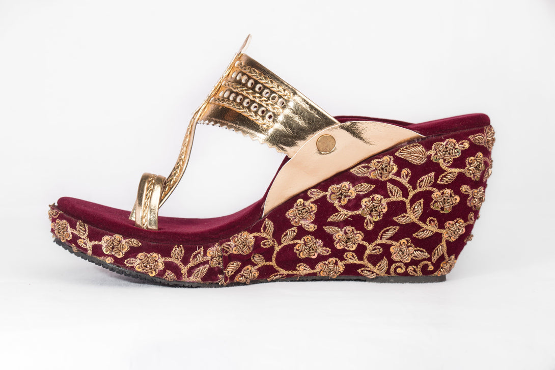 Women's Moroon & Golden Embroidered Kolhapuri Wedges - The Shoe Tales - Indiakreations