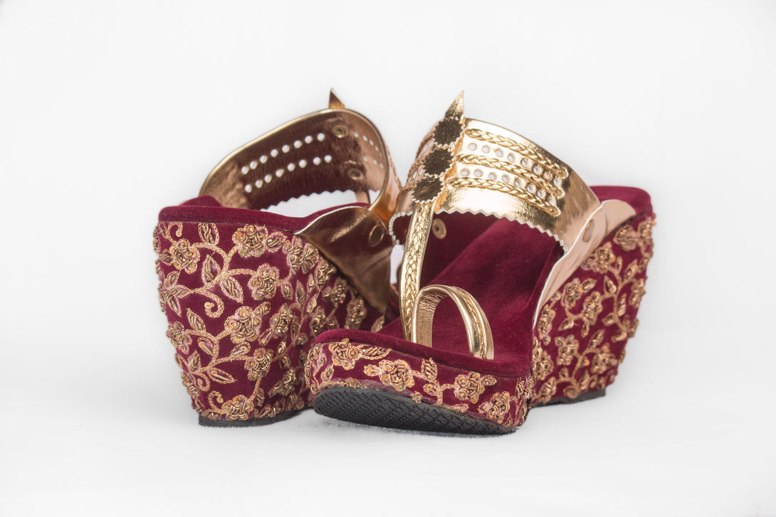 Women's Moroon & Golden Embroidered Kolhapuri Wedges - The Shoe Tales - Indiakreations