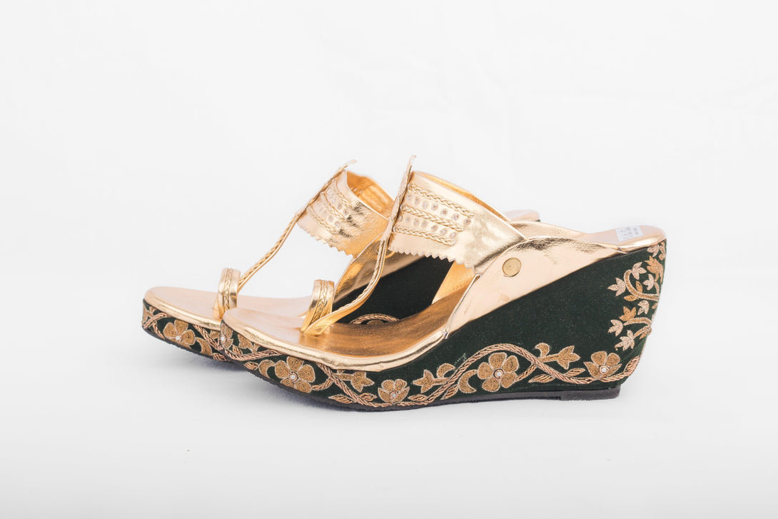 Women's Golden & Green Kolhapuri Wedges With Embroidery - The Shoe Tales - Indiakreations