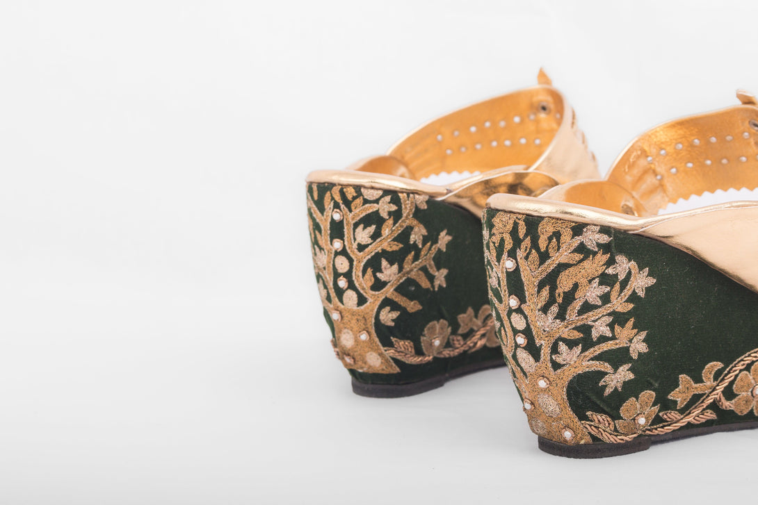 Women's Golden & Green Kolhapuri Wedges With Embroidery - The Shoe Tales - Indiakreations