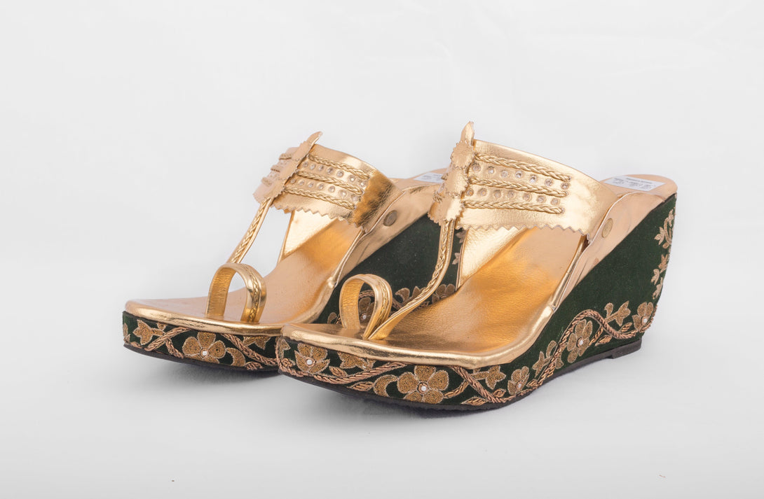 Women's Golden & Green Kolhapuri Wedges With Embroidery - The Shoe Tales - Indiakreations