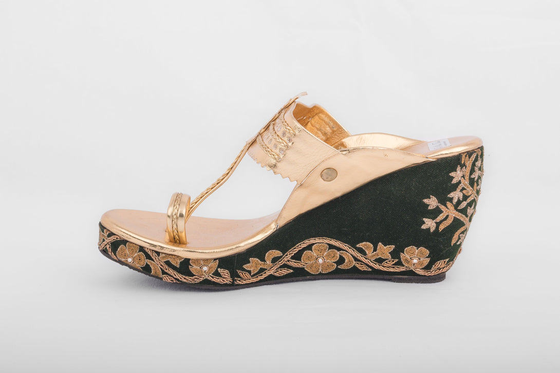 Women's Golden & Green Kolhapuri Wedges With Embroidery - The Shoe Tales - Indiakreations