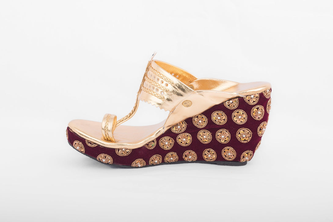 Women's Golden &Maroon Wedges With Chakra Embroidery - The Shoe Tales - Indiakreations