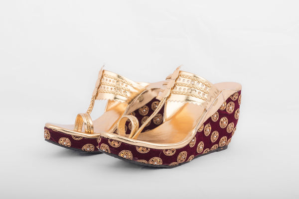 Women's Golden &Maroon Wedges With Chakra Embroidery - The Shoe Tales - Indiakreations