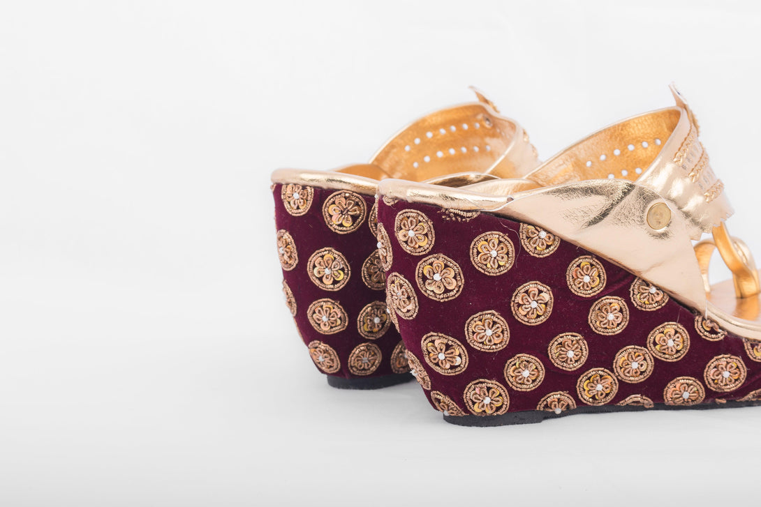 Women's Golden &Maroon Wedges With Chakra Embroidery - The Shoe Tales - Indiakreations