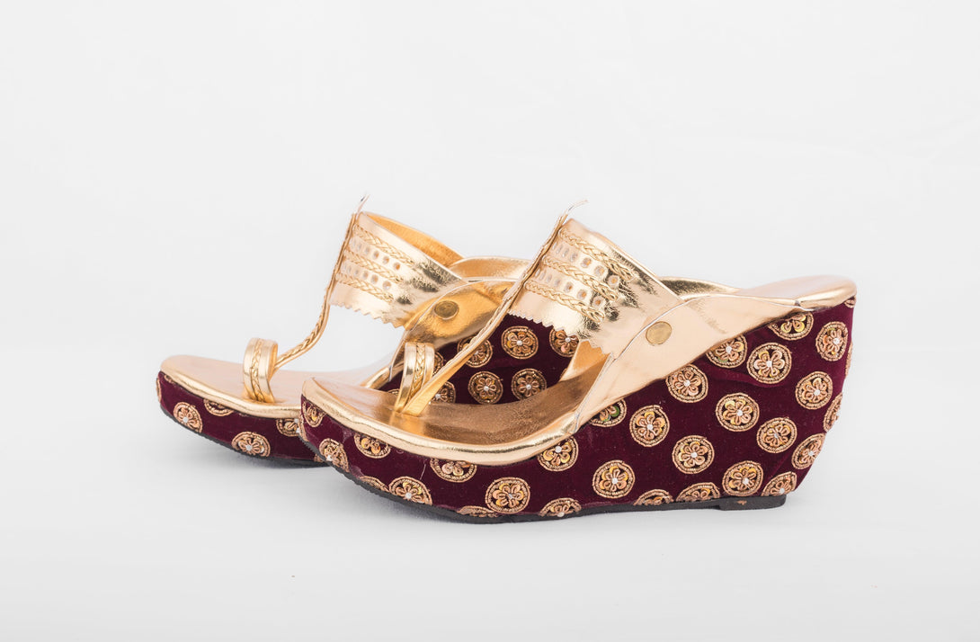 Women's Golden &Maroon Wedges With Chakra Embroidery - The Shoe Tales - Indiakreations