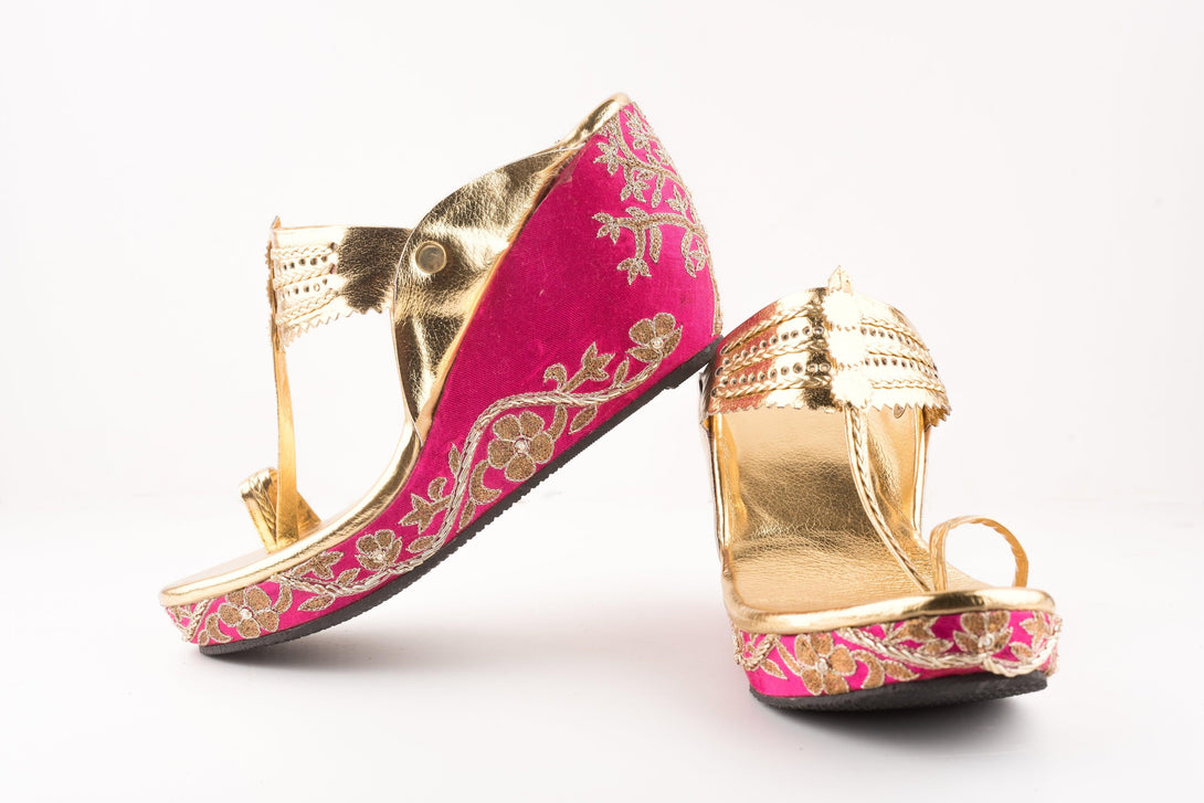 Women's Pink Embroidered Kolhapuri Wedges - The Shoe Tales - Indiakreations