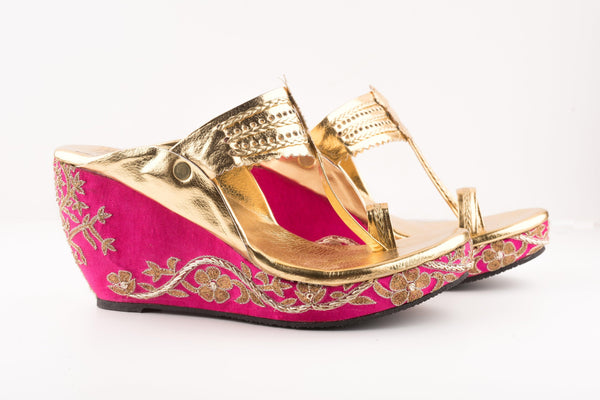 Women's Pink Embroidered Kolhapuri Wedges - The Shoe Tales - Indiakreations