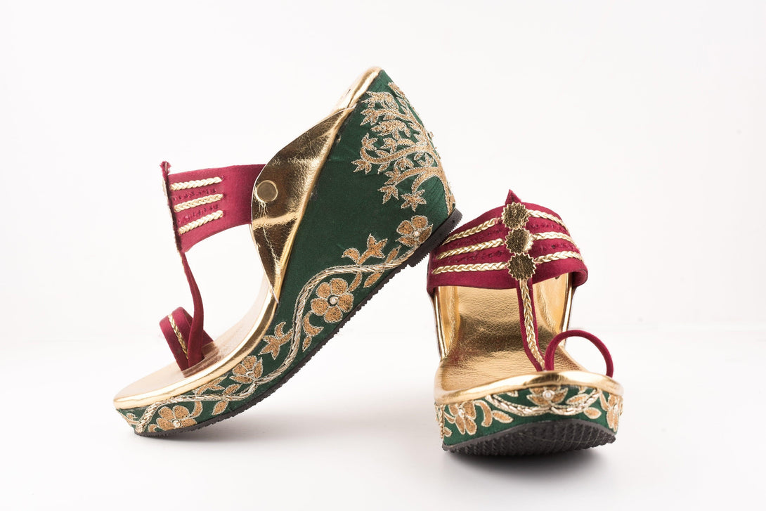 Women's Maroon-Green Embroidered Kolhapuri Wedges - The Shoe Tales - Indiakreations