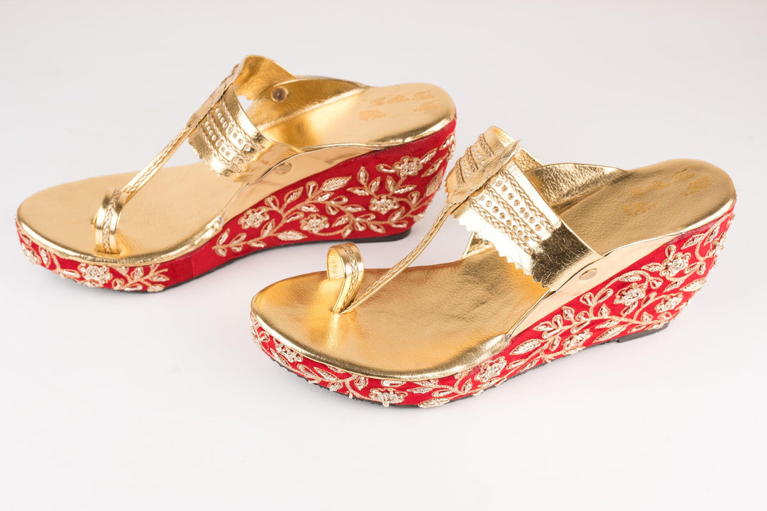 Women's Red Embroidered Kolhapuri Wedges - The Shoe Tales - Indiakreations