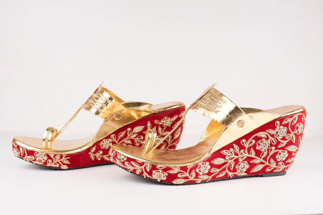 Women's Red Embroidered Kolhapuri Wedges - The Shoe Tales - Indiakreations