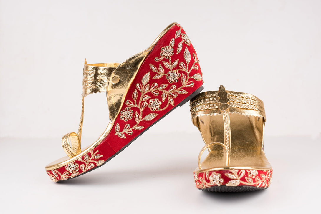 Women's Red Embroidered Kolhapuri Wedges - The Shoe Tales - Indiakreations