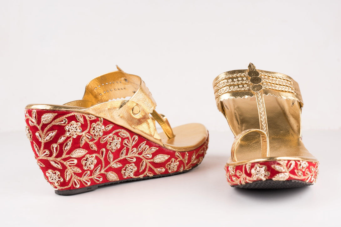 Women's Red Embroidered Kolhapuri Wedges - The Shoe Tales - Indiakreations