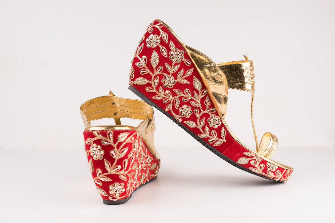 Women's Red Embroidered Kolhapuri Wedges - The Shoe Tales - Indiakreations