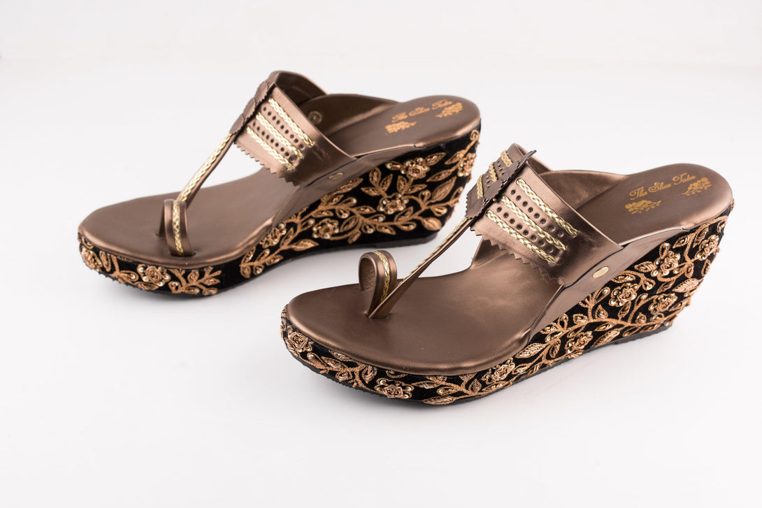 Women's Black Velvet Embroidered Kolhapuri Wedges - The Shoe Tales - Indiakreations