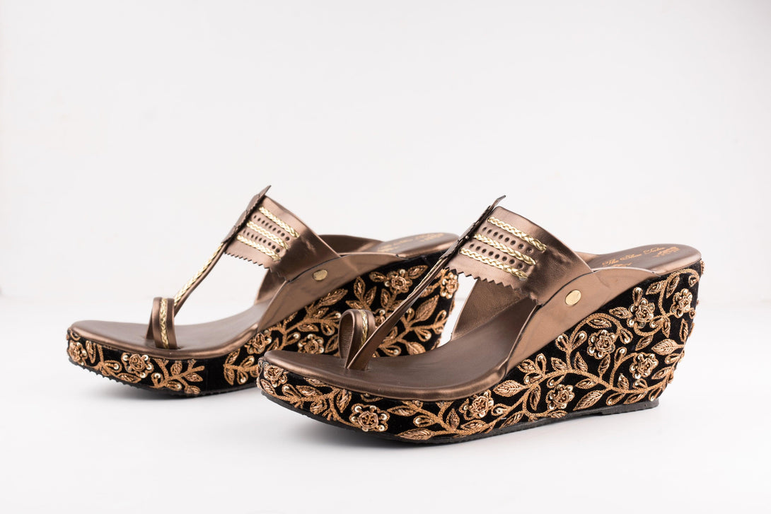 Women's Black Velvet Embroidered Kolhapuri Wedges - The Shoe Tales - Indiakreations