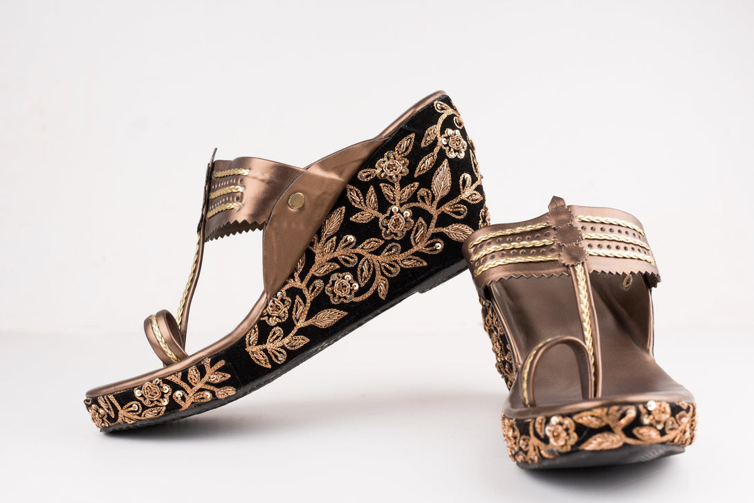 Women's Black Velvet Embroidered Kolhapuri Wedges - The Shoe Tales - Indiakreations