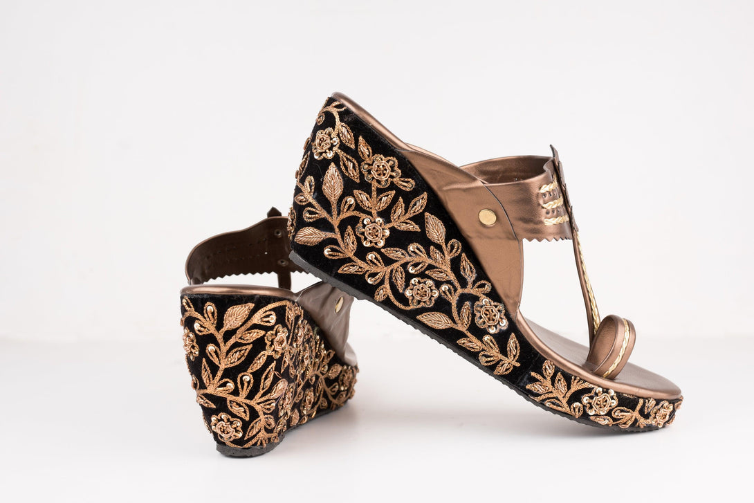 Women's Black Velvet Embroidered Kolhapuri Wedges - The Shoe Tales - Indiakreations