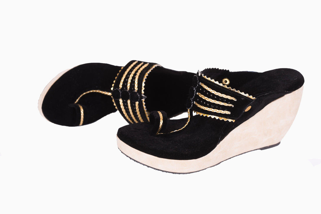 Women's Black And Wood Kolhapuri Wedges - The Shoe Tales - Indiakreations