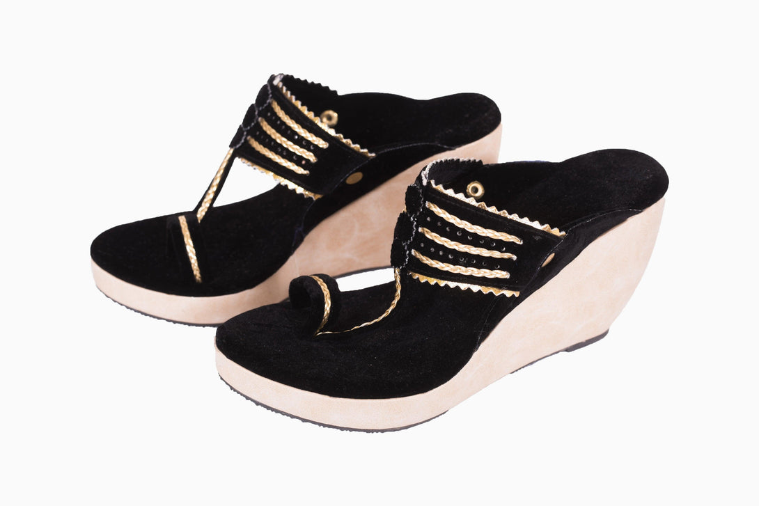 Women's Black And Wood Kolhapuri Wedges - The Shoe Tales - Indiakreations