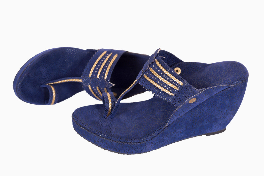 Women's Navy Blue Kolhapuri Wedges - The Shoe Tales - Indiakreations