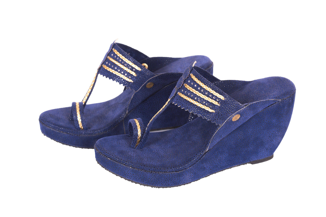 Women's Navy Blue Kolhapuri Wedges - The Shoe Tales - Indiakreations