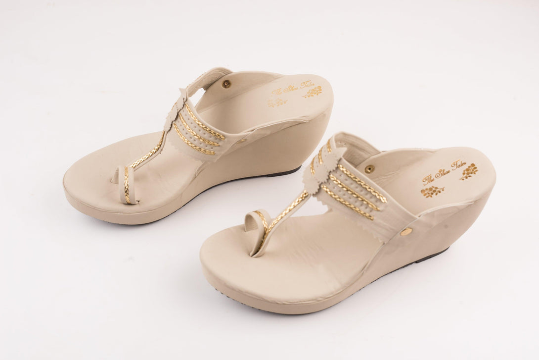 Women's Beige Kolhapuris Wedges - The Shoe Tales - Indiakreations